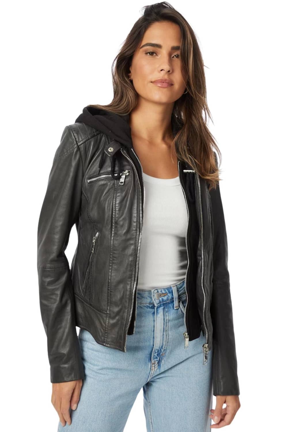 Hoodie Leather Jacket Womens