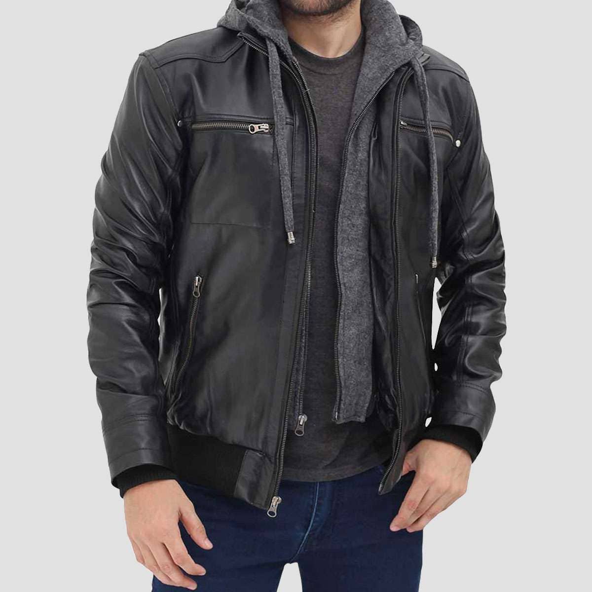 German Hooded Bomber Black Leather Jacket