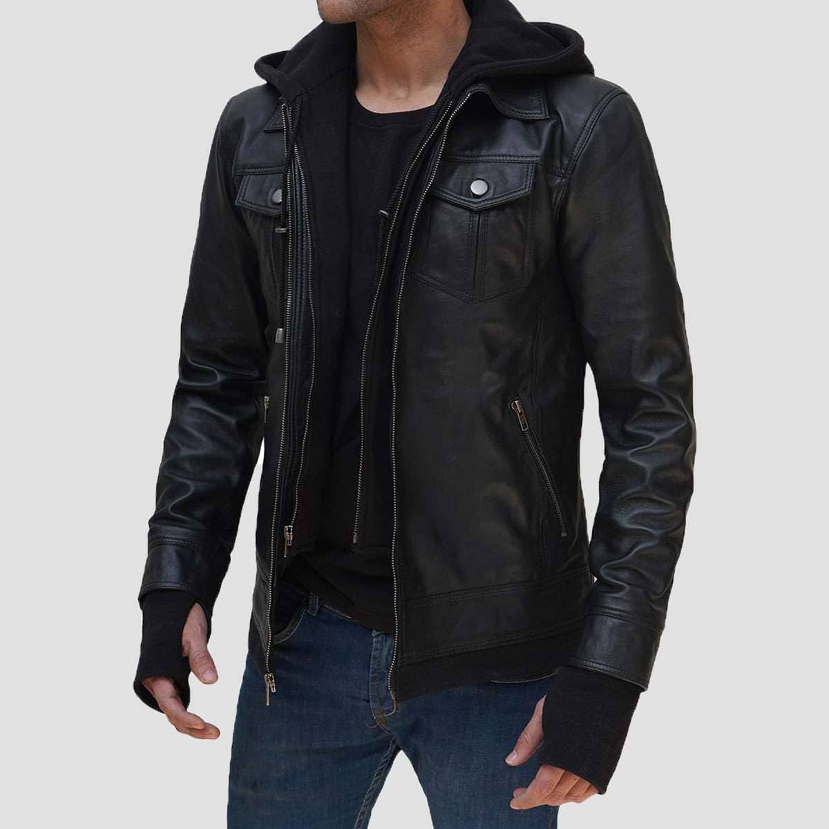 Justin Bomber Hooded Black Leather Jacket for Men