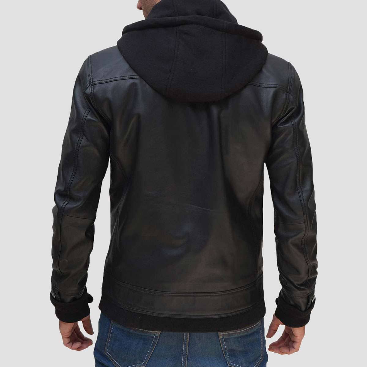 Justin Bomber Hooded Black Leather Jacket for Men