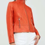 Shania Orange Leather Trucker Jacket for women