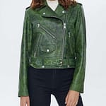 Caroline Waxed Green Brando Biker Leather Jacket for Women