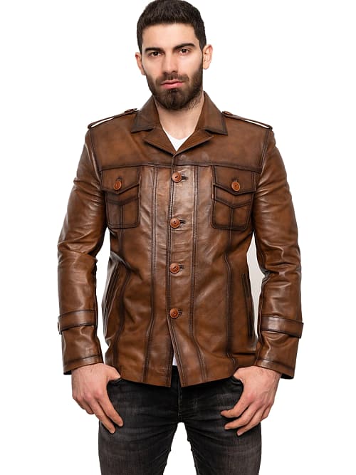 Nathan Men Brown Waxed Leather Blazer Coat