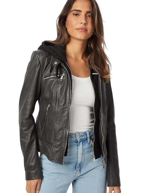 Hoodie Leather Jacket Womens
