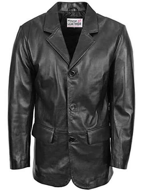 Mens Vintage Black Genuine Leather Blazer Coat