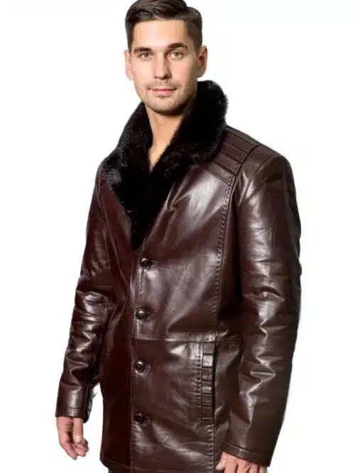 Cabral Cameron Brown Men’s Blazer Leather Coat with Fur Collar