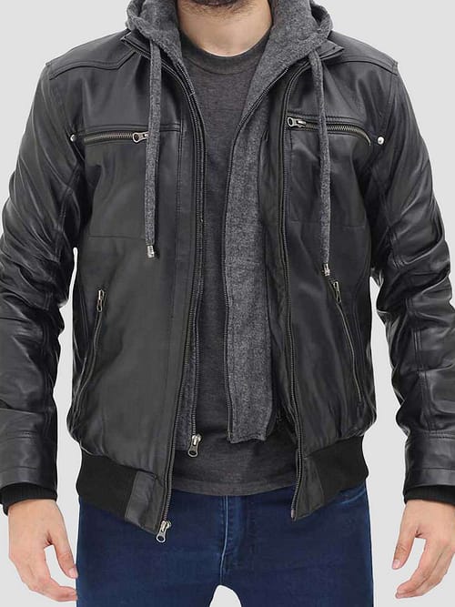 German Hooded Bomber Black Leather Jacket