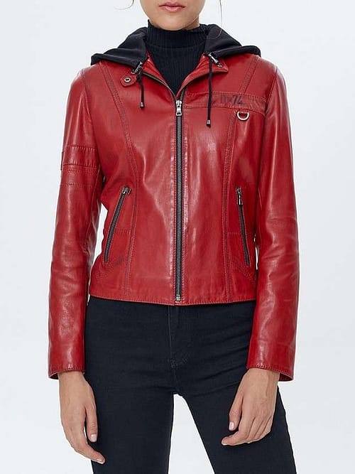 Sofia Hooded Red Leather Jacket for Women
