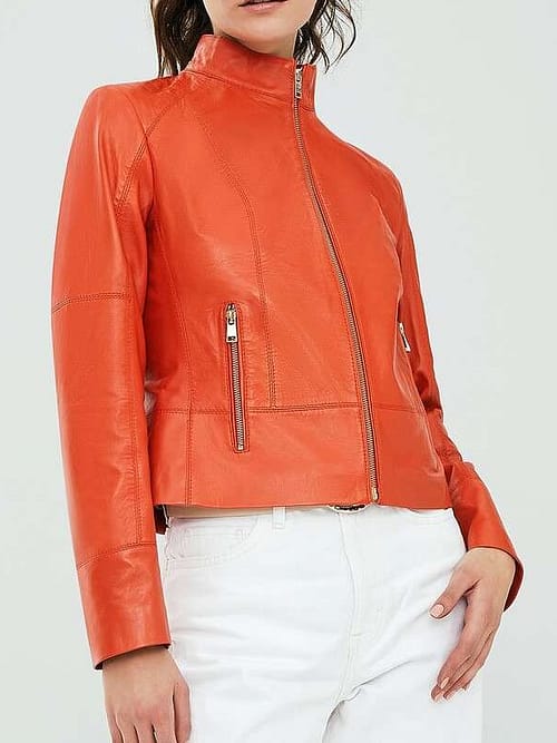 Shania Orange Leather Trucker Jacket for women