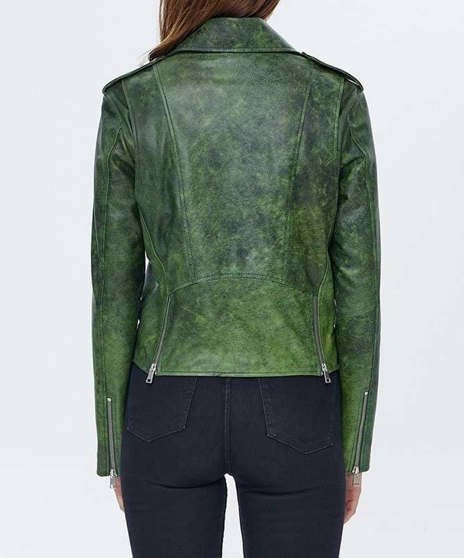 Caroline Waxed Green Brando Biker Leather Jacket for Women