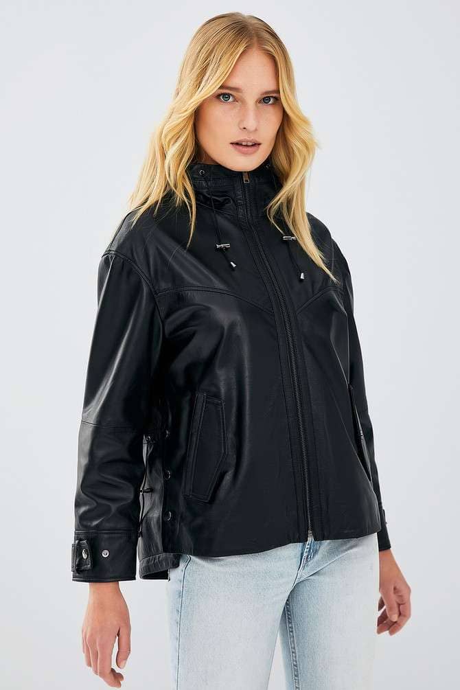 Martha Hooded Black Leather Jacket for Women