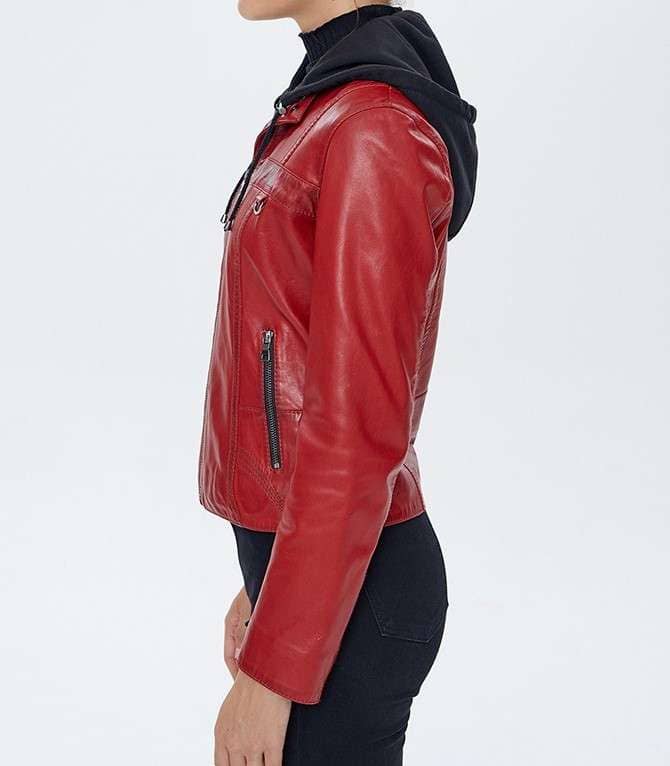 Sofia Hooded Red Leather Jacket for Women