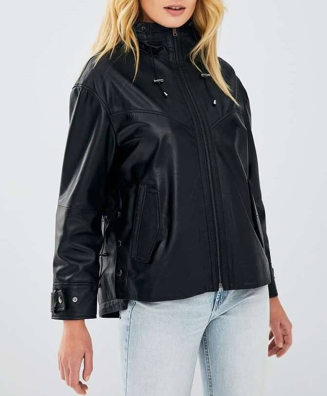 Martha Hooded Black Leather Jacket for Women