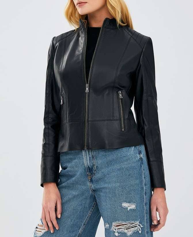 Monica Casual Black Leather Jacket for Women