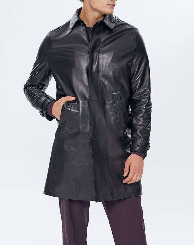 Di Nero Black Leather Trench Coat For Men