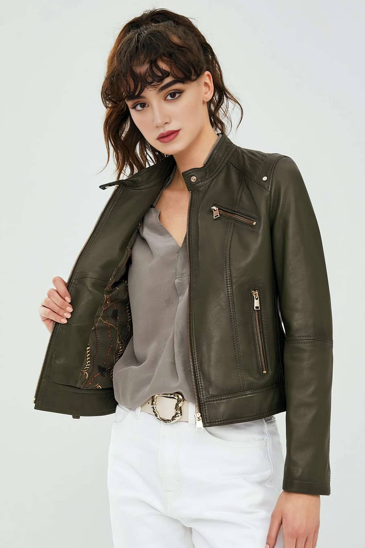 Olive Green Ladies Leather Motorcycle Jacket